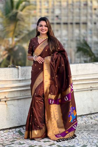 Coffee brown zari woven vitthala god paithani silk blend saree