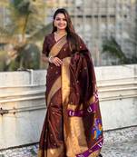 Coffee brown zari woven vitthala god paithani silk blend saree