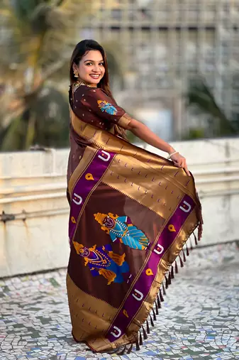 Coffee brown zari woven vitthala god paithani silk blend saree