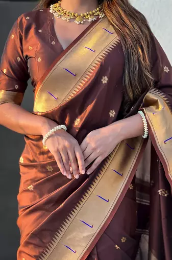 Coffee brown zari woven vitthala god paithani silk blend saree