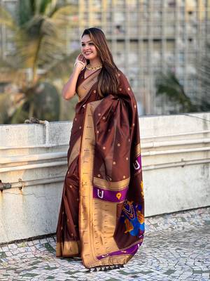 Coffee brown zari woven vitthala god paithani silk blend saree 4