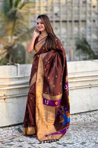 Coffee brown zari woven vitthala god paithani silk blend saree
