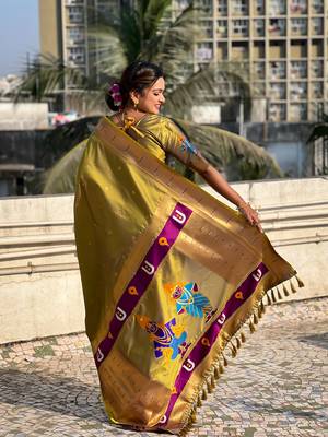 Mehendi green zari woven vitthala god paithani silk blend saree 2