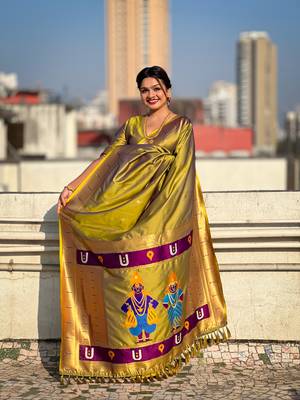 Mehendi green zari woven vitthala god paithani silk blend saree 3