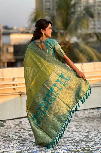Green pure tissue zari woven saree with contrast weaves