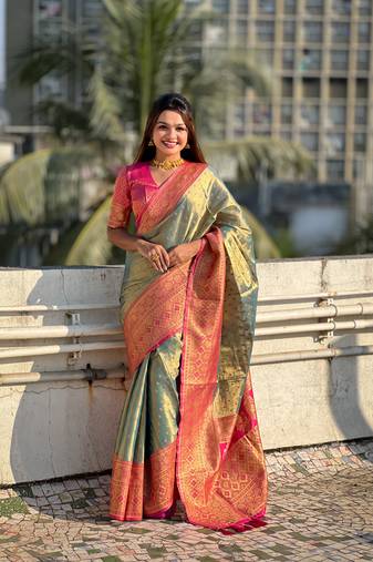 Grey pure tissue zari woven saree with contrast weaves