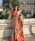 Grey pure tissue zari woven saree with contrast weaves
