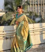 Chickoo pure tissue zari woven saree with contrast weaves