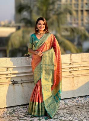 Pink pure tissue zari woven saree with contrast weaves 1
