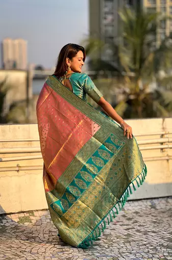 Pink pure tissue zari woven saree with contrast weaves