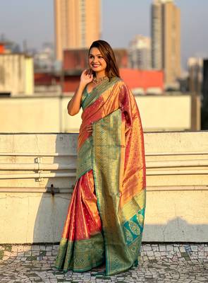 Pink pure tissue zari woven saree with contrast weaves 4
