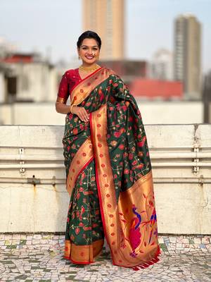 Bottle green paithani jaal silk blend zari woven saree 1