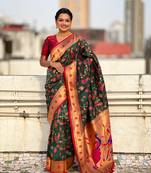 Bottle green paithani jaal silk blend zari woven saree