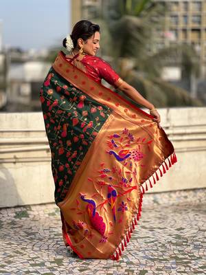 Bottle green paithani jaal silk blend zari woven saree 2