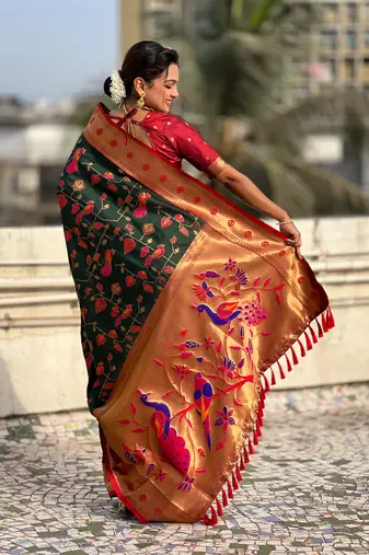 Bottle green paithani jaal silk blend zari woven saree
