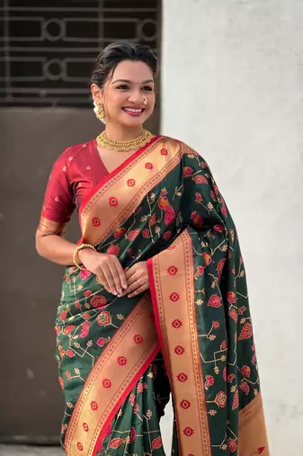 Bottle green paithani jaal silk blend zari woven saree