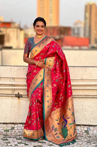Pink paithani jaal silk blend zari woven saree