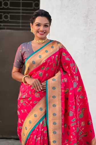 Pink paithani jaal silk blend zari woven saree