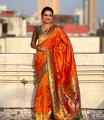 Orange paithani jaal silk blend zari woven saree