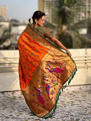 Orange paithani jaal silk blend zari woven saree 2