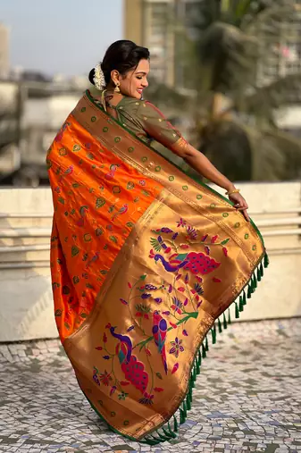 Orange paithani jaal silk blend zari woven saree