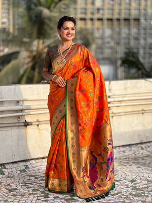 Orange paithani jaal silk blend zari woven saree 3