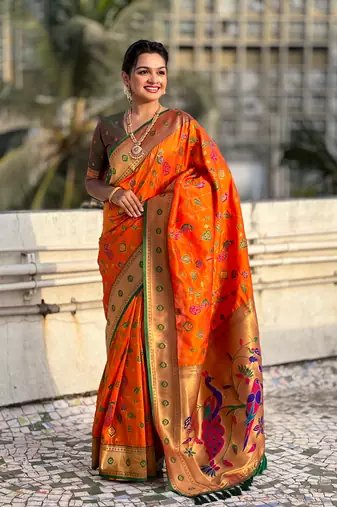Orange paithani jaal silk blend zari woven saree