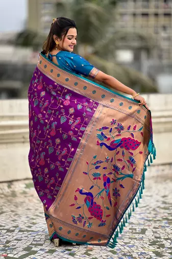 Wine paithani jaal silk blend zari woven saree