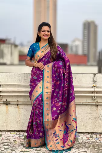 Wine paithani jaal silk blend zari woven saree