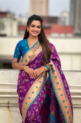 Wine paithani jaal silk blend zari woven saree