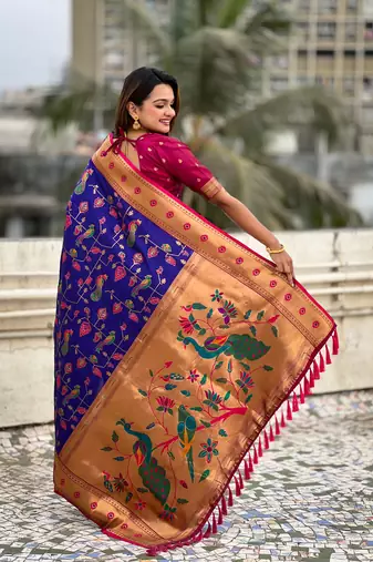 Violet paithani jaal silk blend zari woven saree