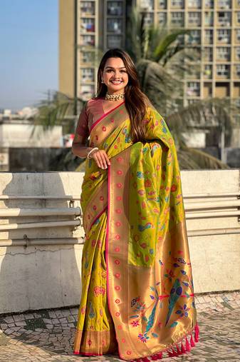 Mehendi green paithani jaal silk blend zari woven saree