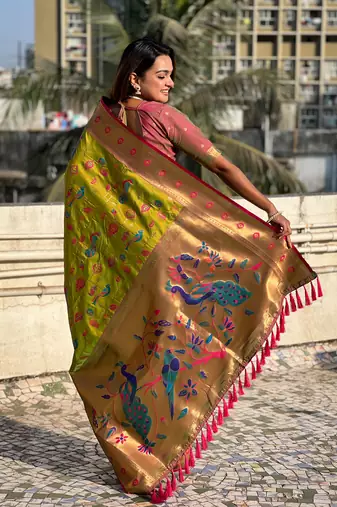 Mehendi green paithani jaal silk blend zari woven saree