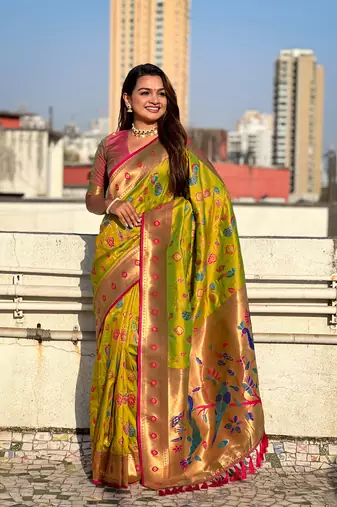 Mehendi green paithani jaal silk blend zari woven saree