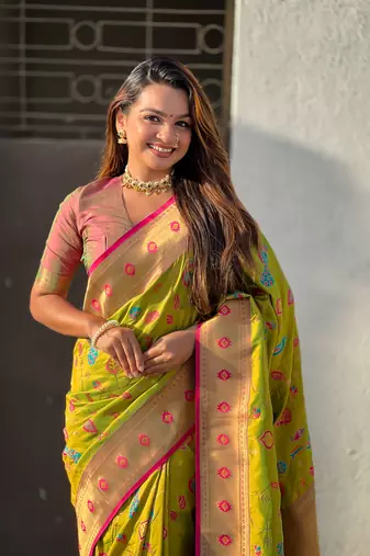 Mehendi green paithani jaal silk blend zari woven saree