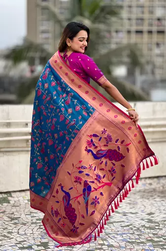 Blue paithani jaal silk blend zari woven saree