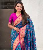 Blue paithani jaal silk blend zari woven saree
