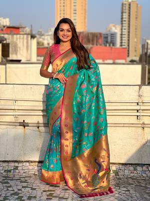 Firozi blue paithani jaal silk blend zari woven saree 1