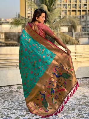 Firozi blue paithani jaal silk blend zari woven saree 2