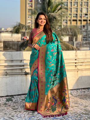 Firozi blue paithani jaal silk blend zari woven saree 3