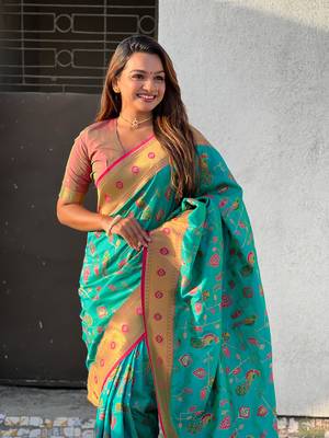 Firozi blue paithani jaal silk blend zari woven saree 4