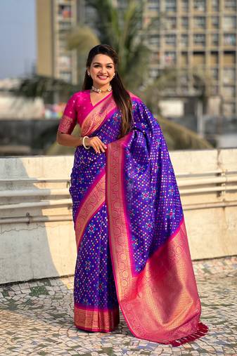 Violet soft silk blend zari woven premium patola saree with contrast weaves