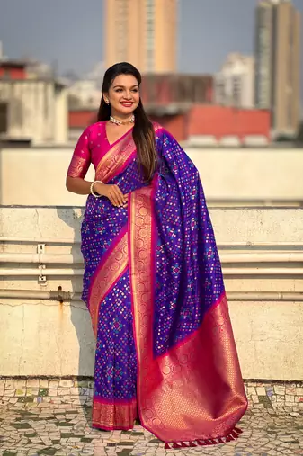 Violet soft silk blend zari woven premium patola saree with contrast weaves