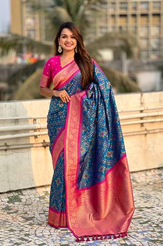 Blue soft silk blend zari woven premium patola saree with contrast weaves