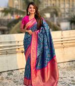 Blue soft silk blend zari woven premium patola saree with contrast weaves