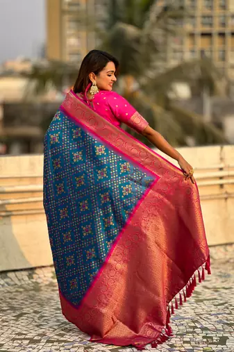 Blue soft silk blend zari woven premium patola saree with contrast weaves