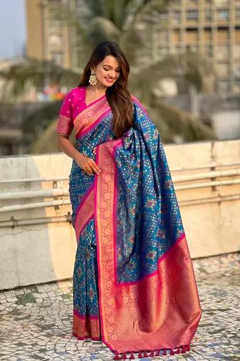 Blue soft silk blend zari woven premium patola saree with contrast weaves