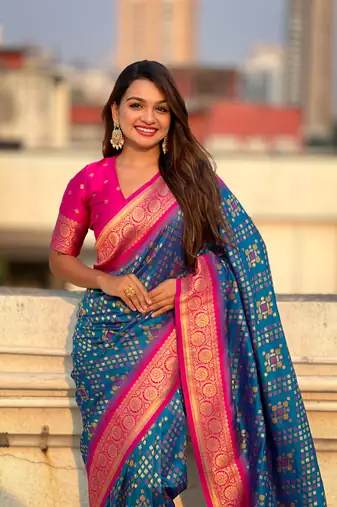 Blue soft silk blend zari woven premium patola saree with contrast weaves