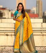 Yellow soft silk blend zari woven premium patola saree with contrast weaves