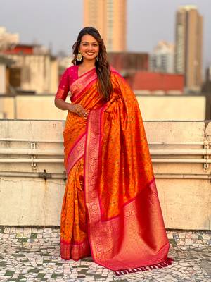 Orange soft silk blend zari woven premium patola saree with contrast weaves 1